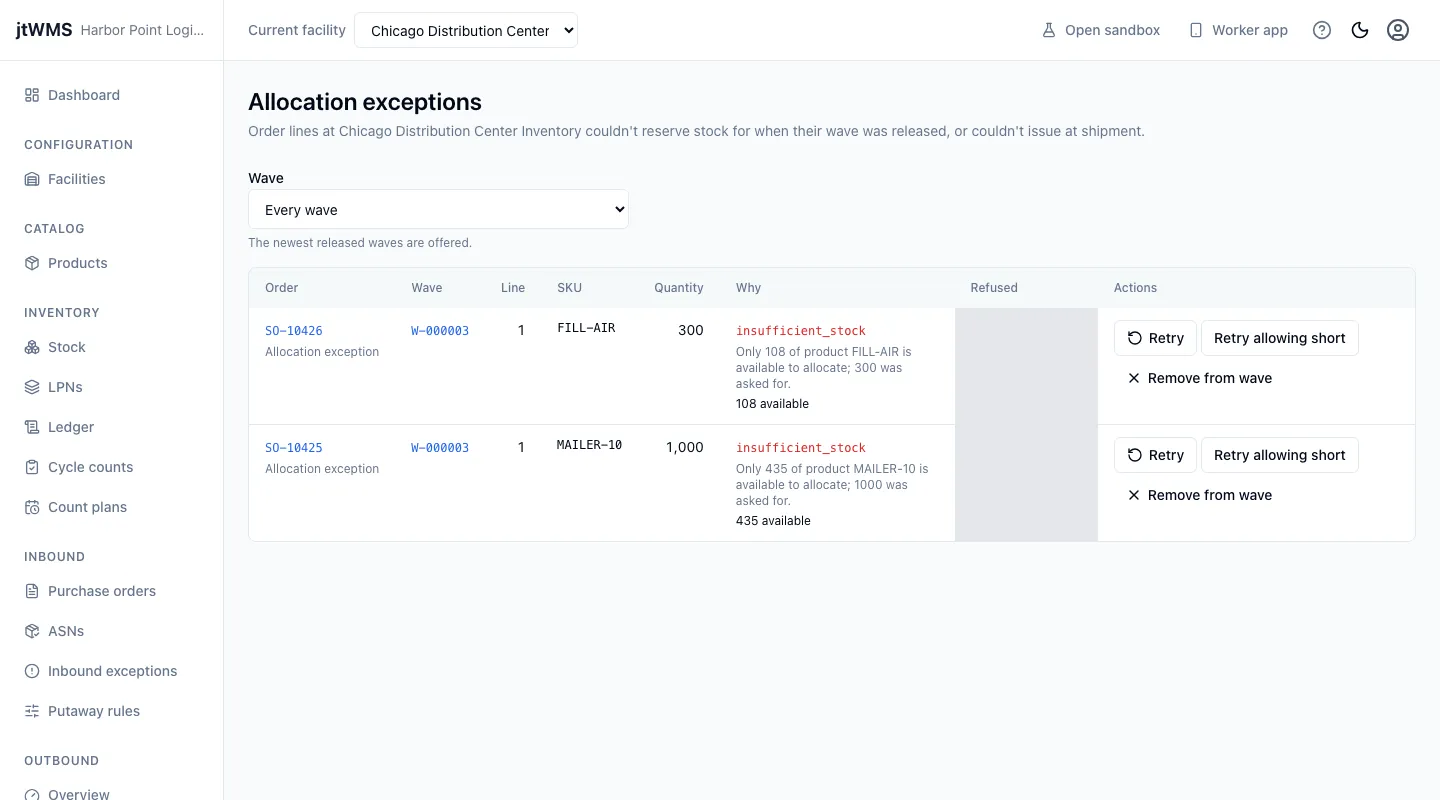 Allocation exceptions: two order lines short of stock