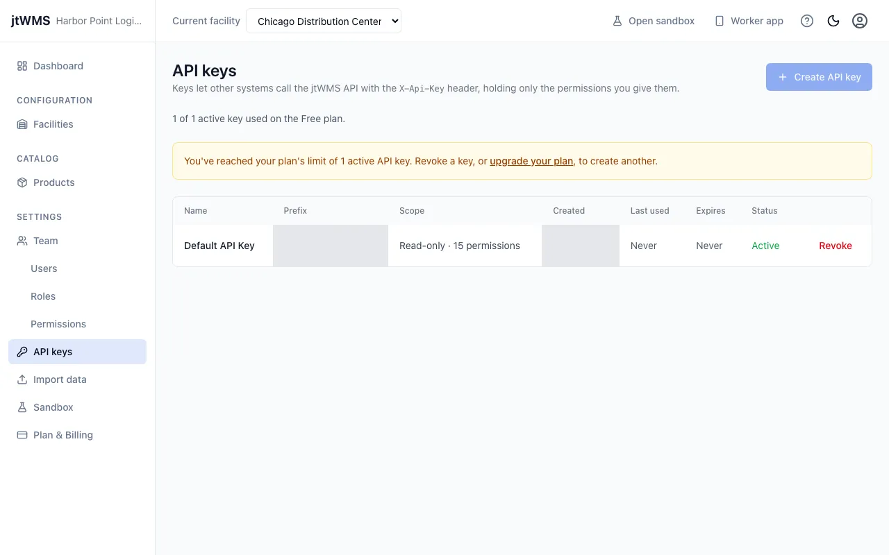 The API keys page, listing the key created at sign-up