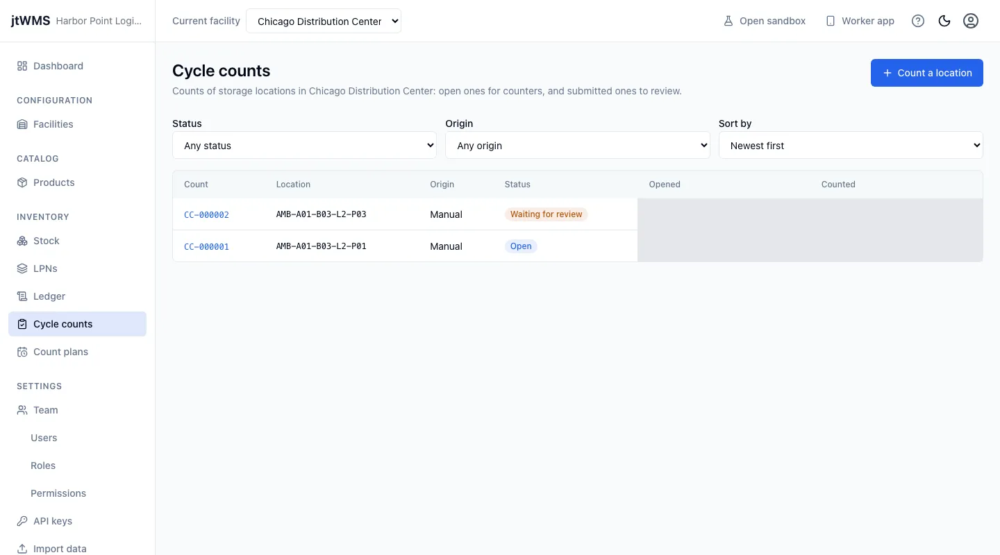 The cycle counts list: one count open, one waiting for review