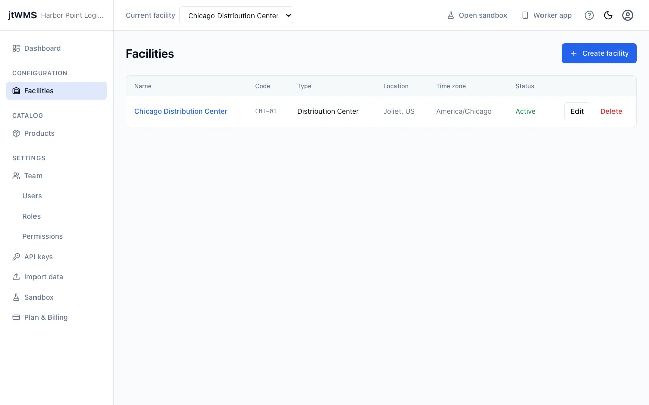 The Facilities list, with one distribution centre and the Create facility button