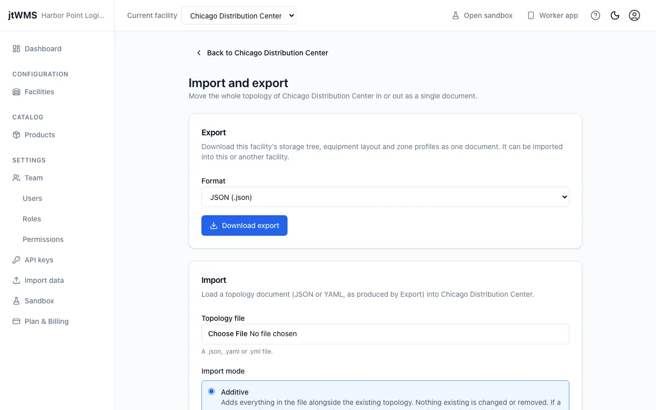 A facility’s Import and export page