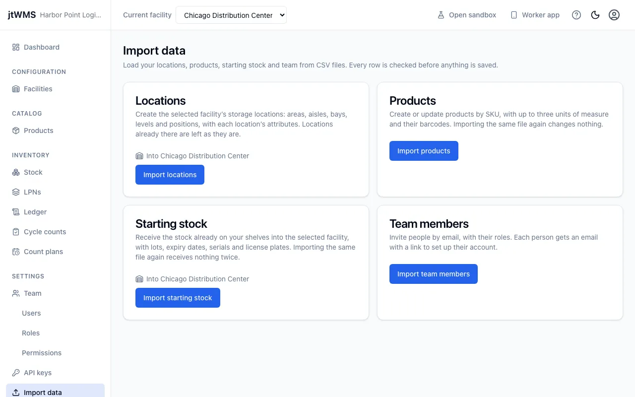 The Import data page, with an import card for locations, products, starting stock and team members