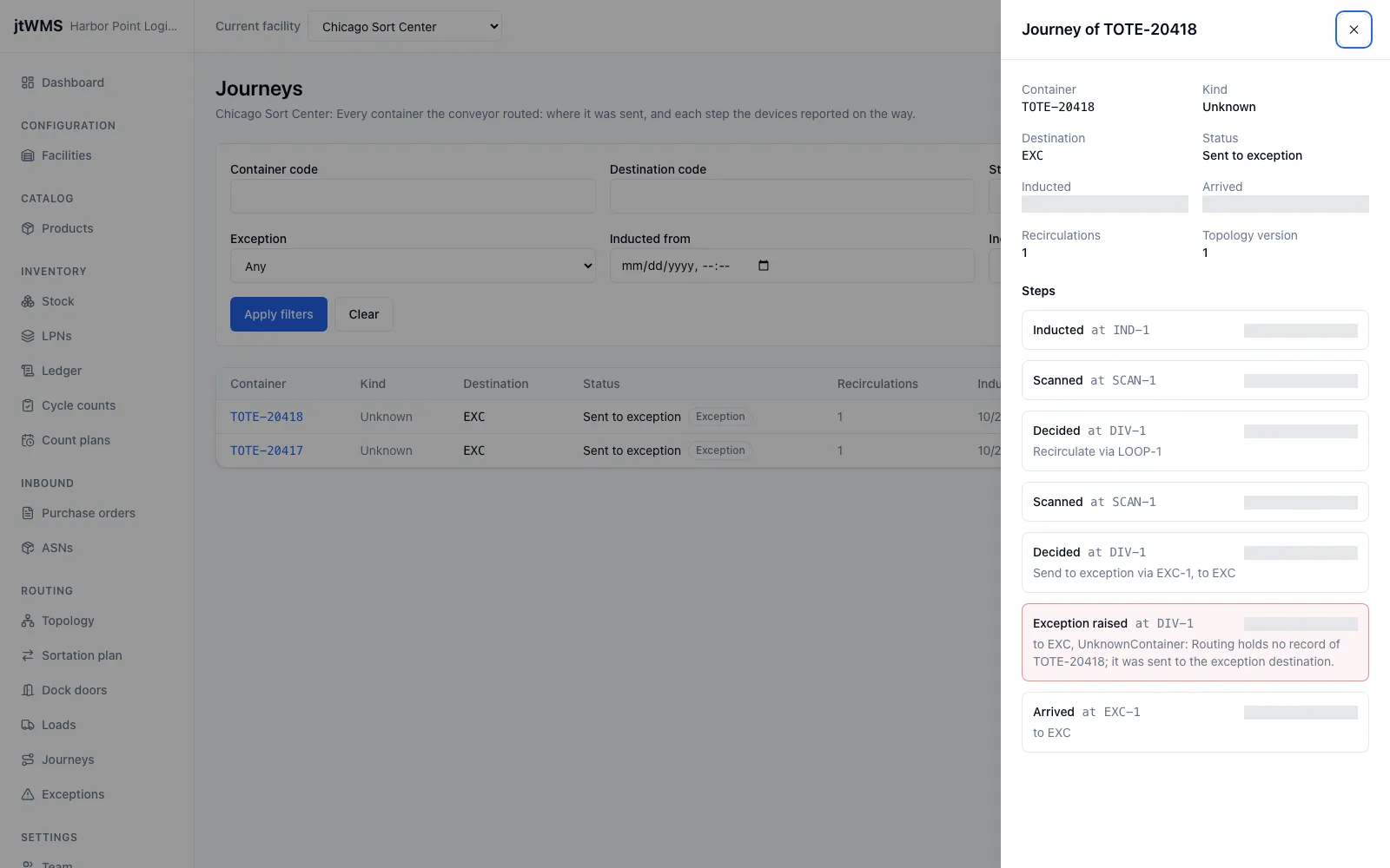 The journeys page with a container’s timeline open: inducted, scanned and sent round the loop, scanned again, sent to the exception destination with an exception raised, and arrived there.