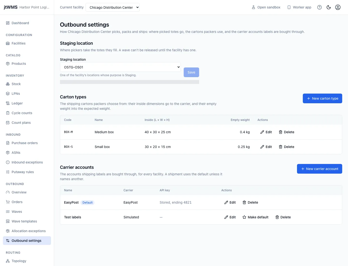 Outbound settings: a staging location, a carton type and two carrier accounts
