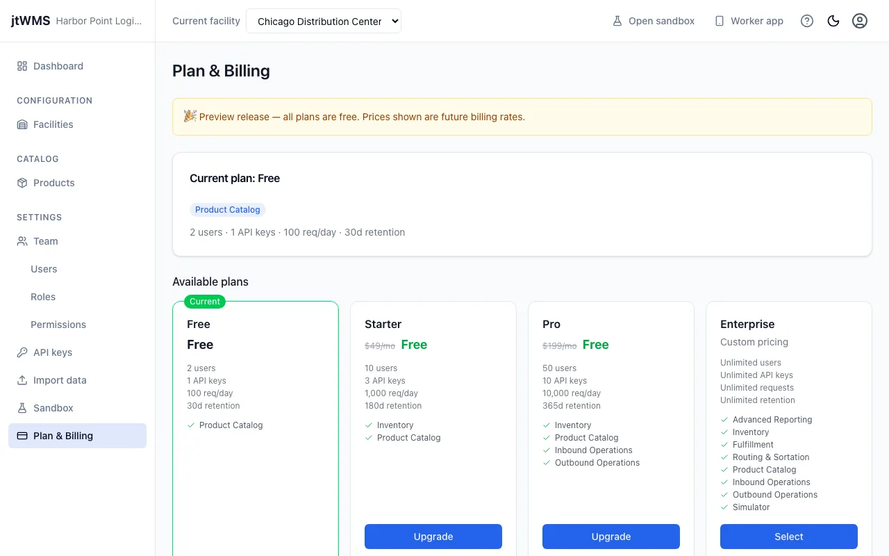 The Plan & Billing page, with the current plan and the plans you can change to