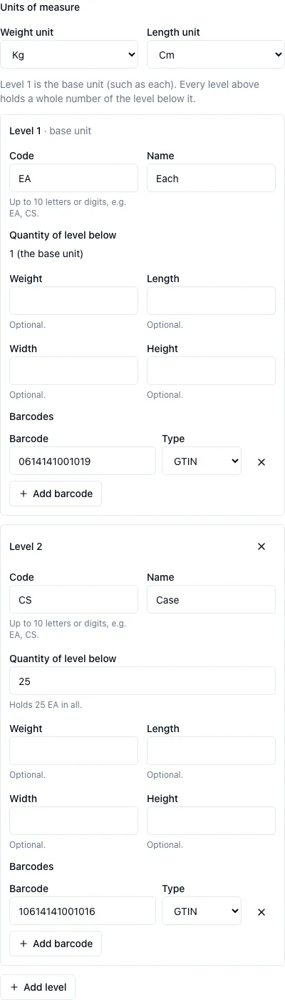 The Units of measure section of a product’s edit drawer: level 1 is the base unit EA (Each) and level 2 is a case, CS, holding 25 of them, each level with one GTIN barcode