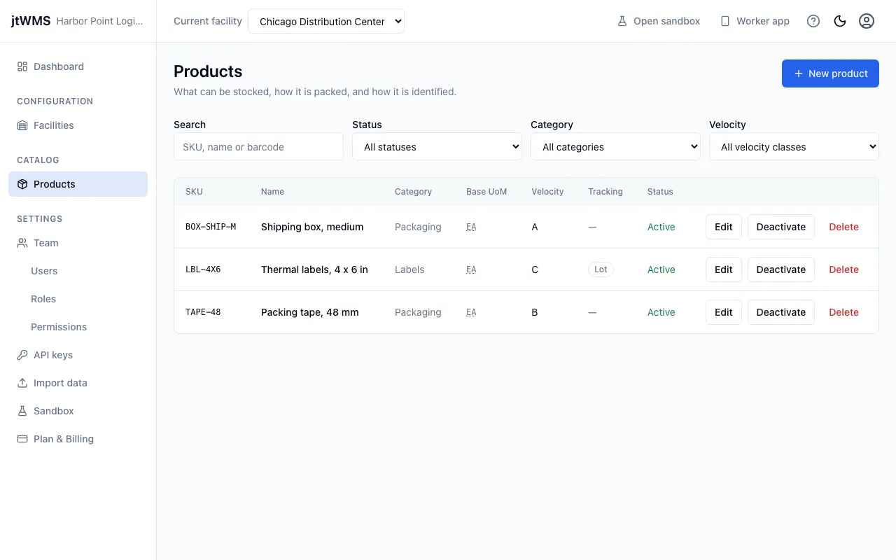 The Products list, with three products and the search and filters above them