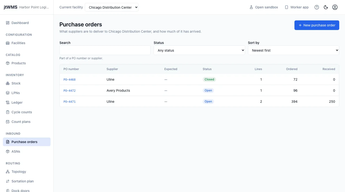 The purchase orders list: three orders from two suppliers