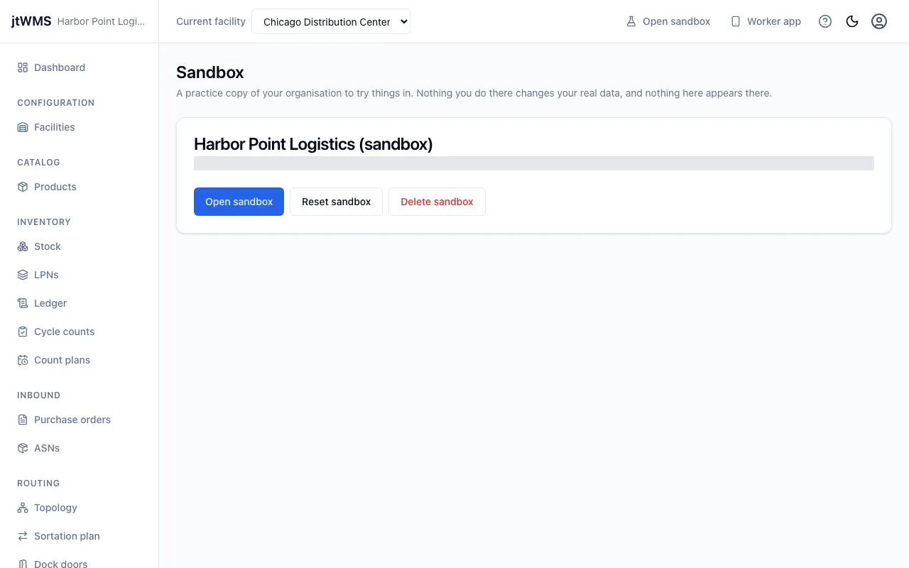 The Sandbox page, showing the organisation’s sandbox with its Open, Reset and Delete buttons