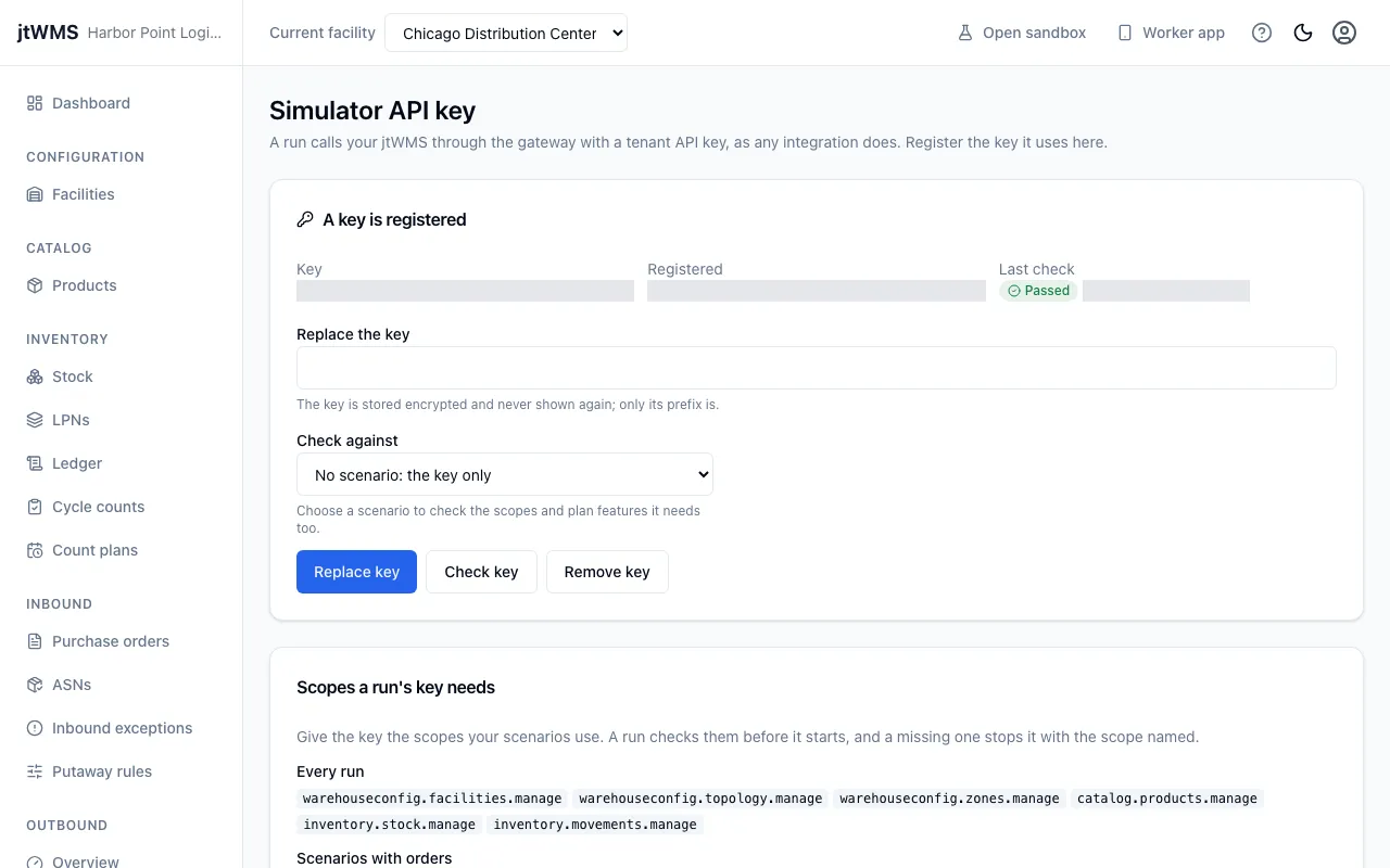 The Simulator API key page: a registered key whose last check passed, and the scopes a run’s key needs