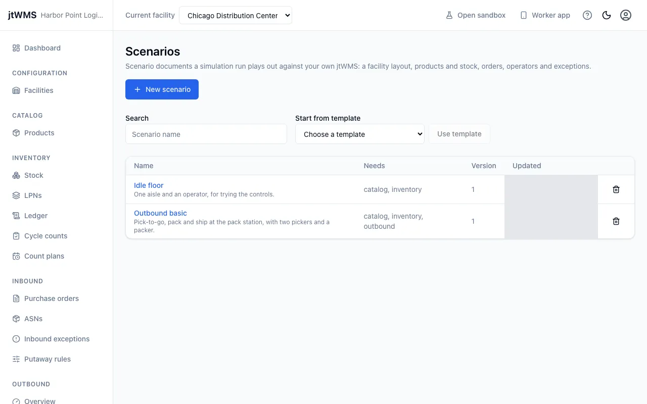 The Scenarios page, listing two scenarios with what each needs, its version and a template picker