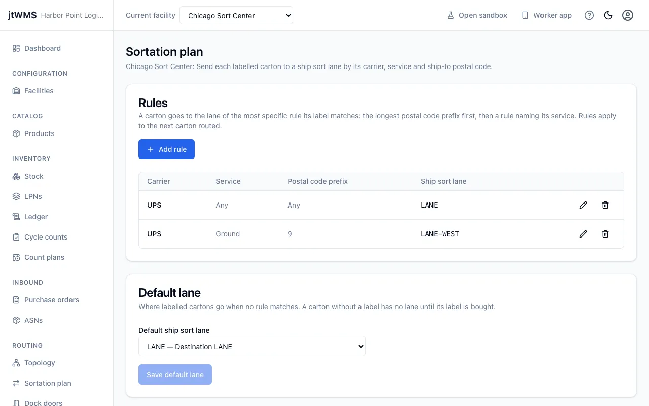The sortation plan page: a rule sending UPS cartons to a ship sort lane, and the default lane below it.