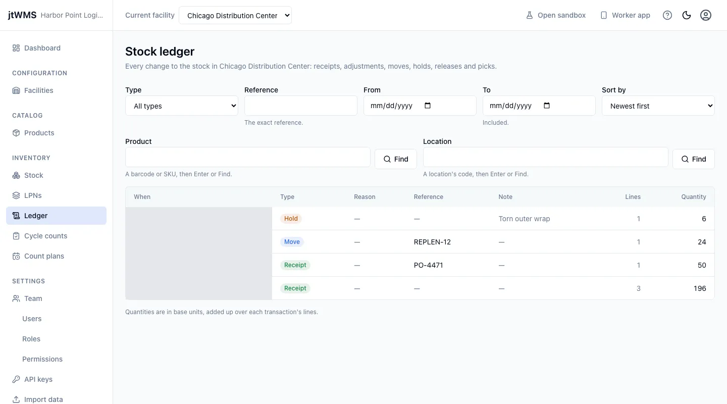 The Stock ledger page listing a hold, a move and two receipts, newest first, with their references, lines and quantities