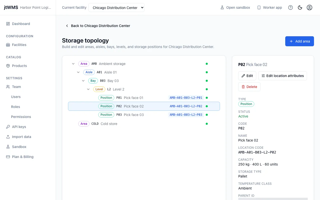 The storage topology editor with a position selected and its Node details panel open