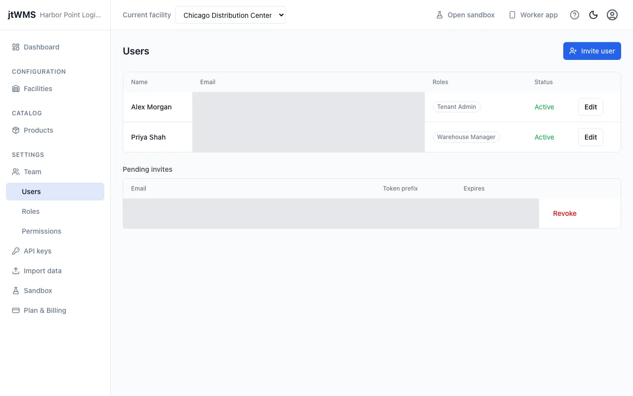 The Users page, with two active users and a pending invite