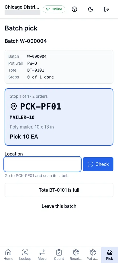 A batch pick stop in the worker app on a phone: the location, the product and how many to pick for two orders
