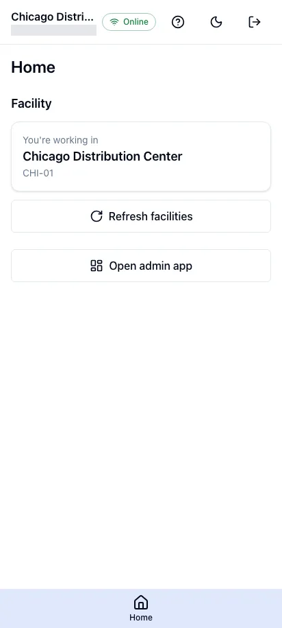 The worker app’s home screen on a phone, showing the selected facility