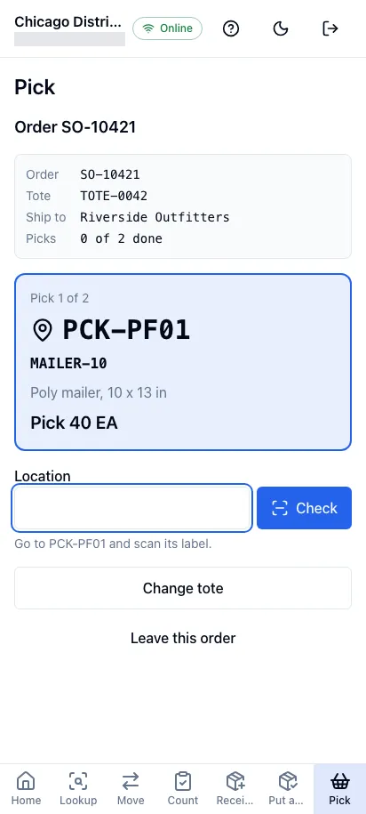 A pick in the worker app on a phone: the location, the product and how many to pick