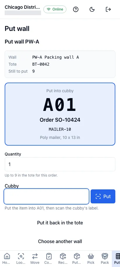 Sorting at a put wall on a phone: the cubby to put the item into, in large type