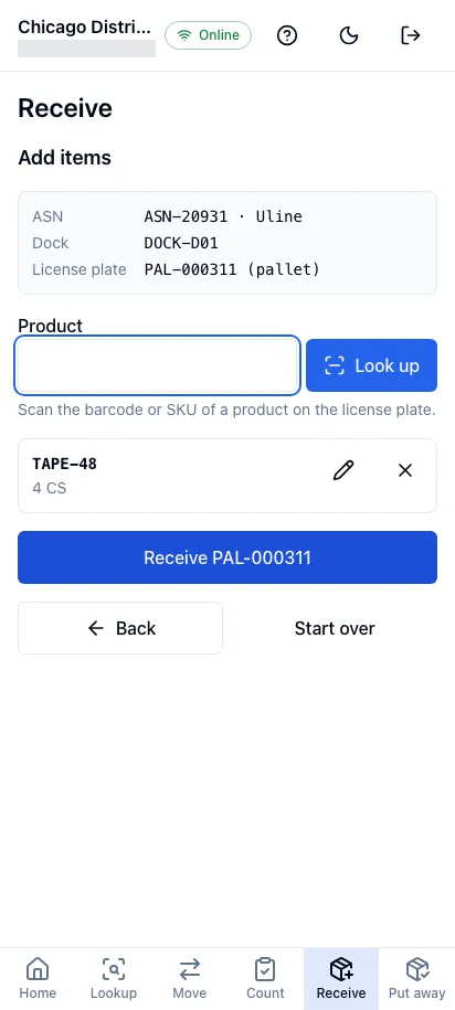 Receiving a license plate in the worker app on a phone, with one item added