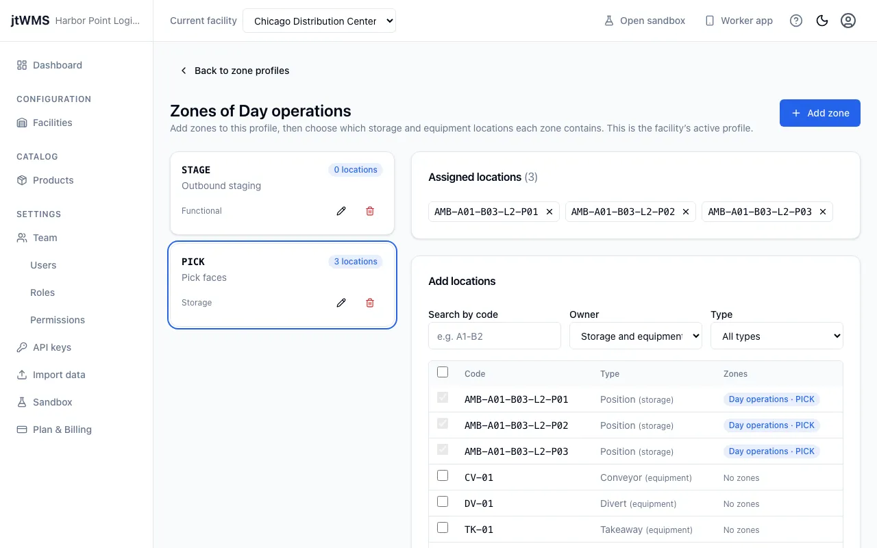 The zone editor with a zone selected, showing its assigned locations and the available locations to pick from
